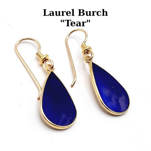 Vintage Laurel Burch "Tear" Blue Enamel Gold Plated Earrings - 1 3/8 Inches - Picture 1 of 11